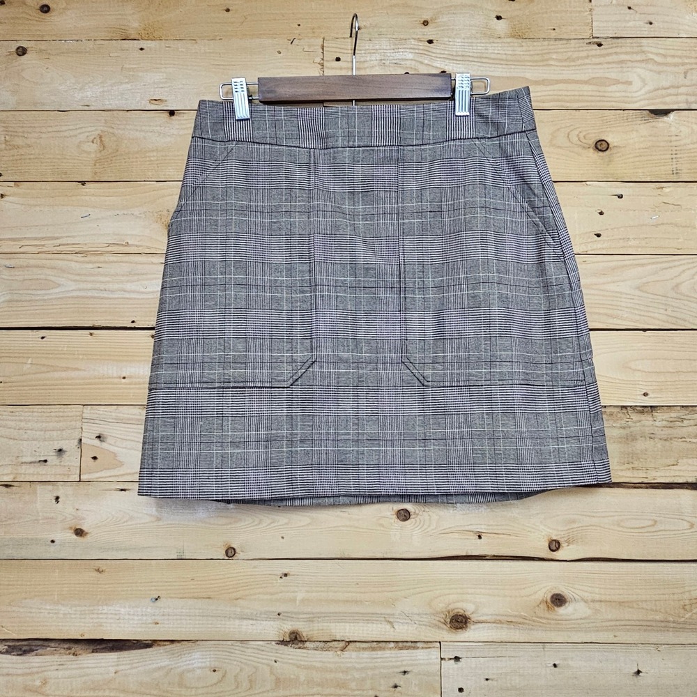 Banana Republic Brown Purple Glen Plaid A-Line Mini Skirt Front Pockets Size 8